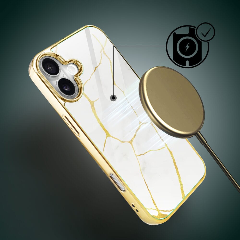 Etui do iPhone 16 IBIZU Elite Glass z MagSafe, Kintsugi, biała porcelana, złote - obrazek 3