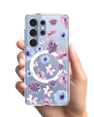 Etui do Samsung Galaxy S25 Ultra z MagSafe przeźroczyste, silikonowe Flexi, kwiatki niebieskie, fioletowe