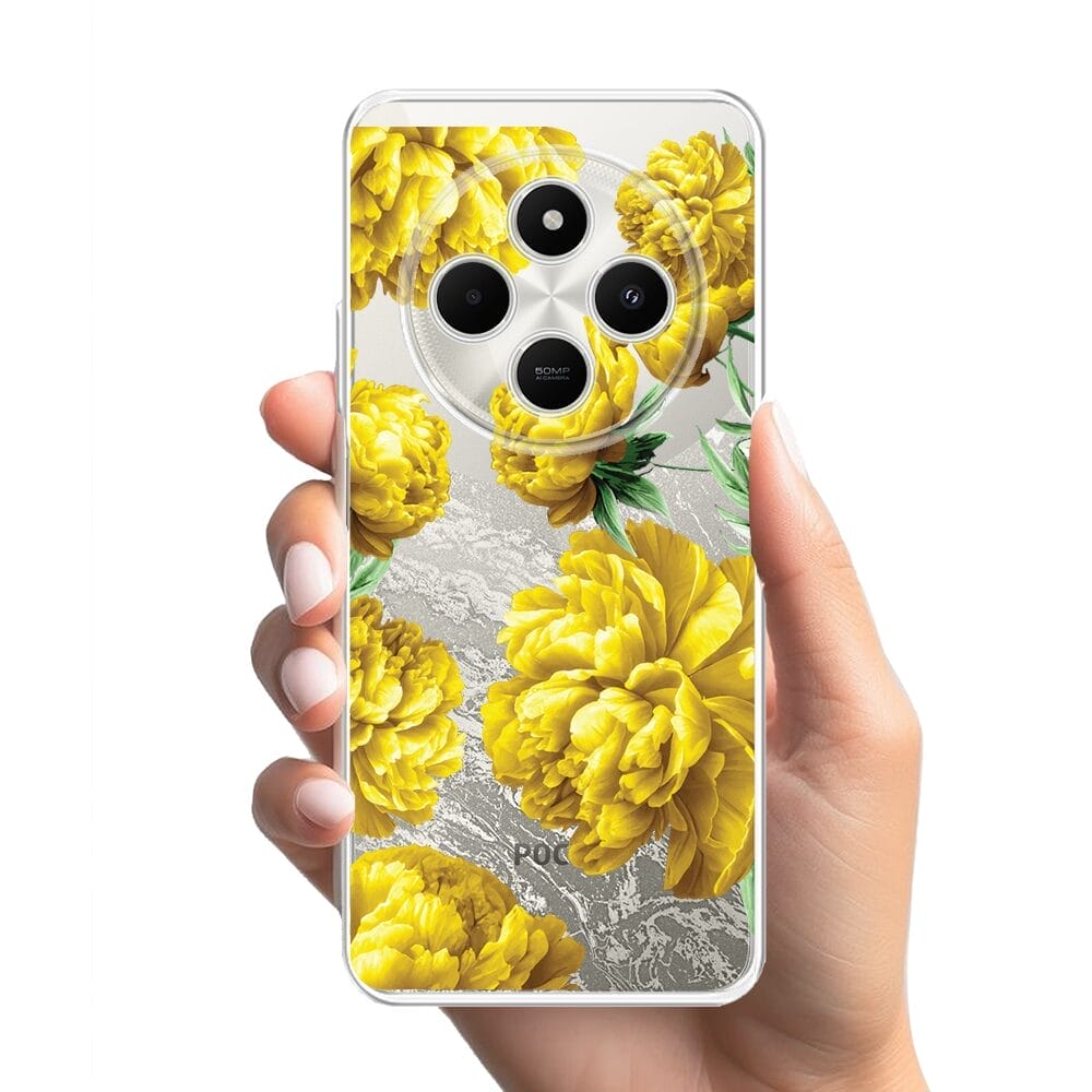 Etui do Xiaomi POCO C75 przeźroczyste, silikonowe Flexi, żółte piwonie - obrazek 2