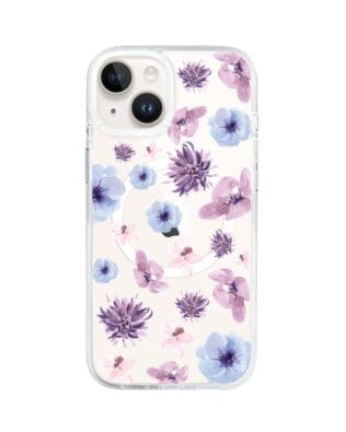 Etui do iPhone 14 z MagSafe przeźroczyste, silikonowe Flexi, kwiatki niebieskie, fioletowe