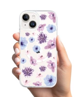 Etui do iPhone 14 z MagSafe przeźroczyste, silikonowe Flexi, kwiatki niebieskie, fioletowe