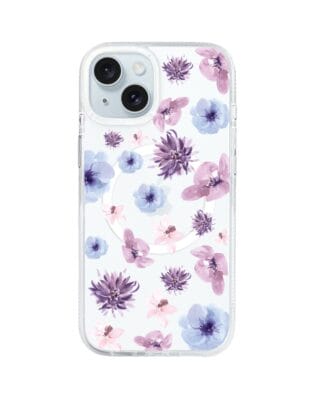 Etui do iPhone 15 z MagSafe przeźroczyste, silikonowe Flexi, kwiatki niebieskie, fioletowe