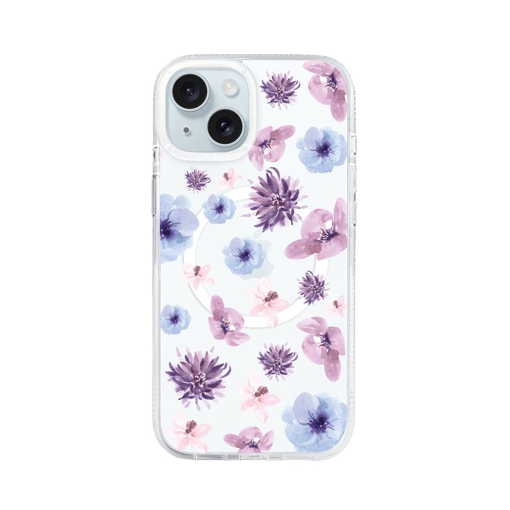 Etui do iPhone 15 z MagSafe przeźroczyste, silikonowe Flexi, kwiatki niebieskie, fioletowe