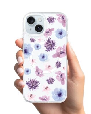 Etui do iPhone 15 z MagSafe przeźroczyste, silikonowe Flexi, kwiatki niebieskie, fioletowe