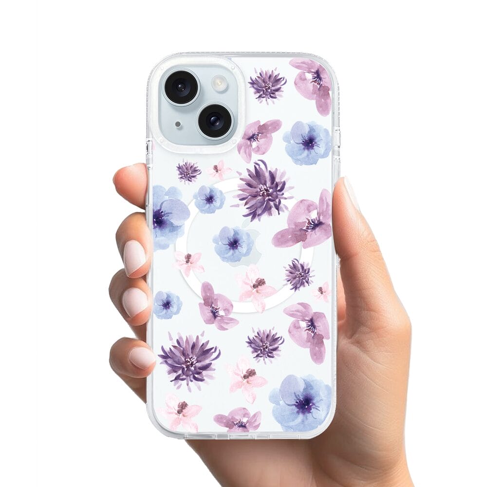 Etui do iPhone 15 z MagSafe przeźroczyste, silikonowe Flexi, kwiatki niebieskie, fioletowe - obrazek 2