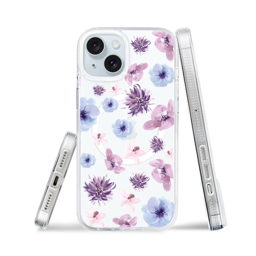 Etui do iPhone 15 z MagSafe przeźroczyste, silikonowe Flexi, kwiatki niebieskie, fioletowe - obrazek 3
