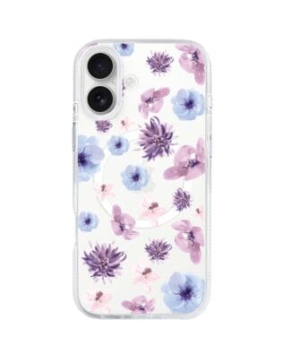 Etui do iPhone 16 z MagSafe przeźroczyste, silikonowe Flexi, kwiatki niebieskie, fioletowe