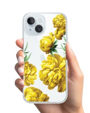 Etui do iPhone 15 Plus przeźroczyste, silikonowe Flexi, żółte piwonie