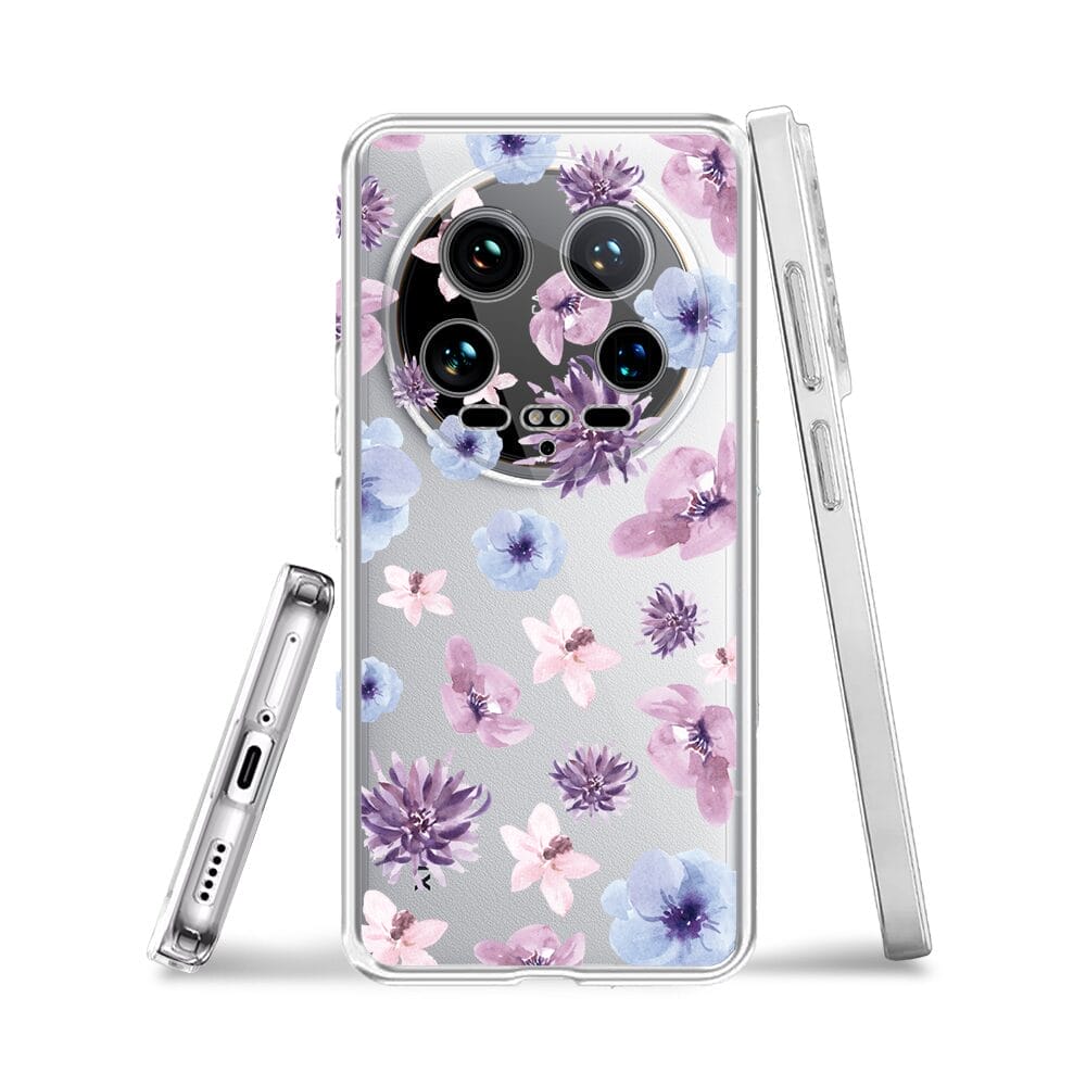 Etui do Xiaomi 14 Ultra przeźroczyste, silikonowe Flexi, kwiatki niebieskie, fioletowe - obrazek 3