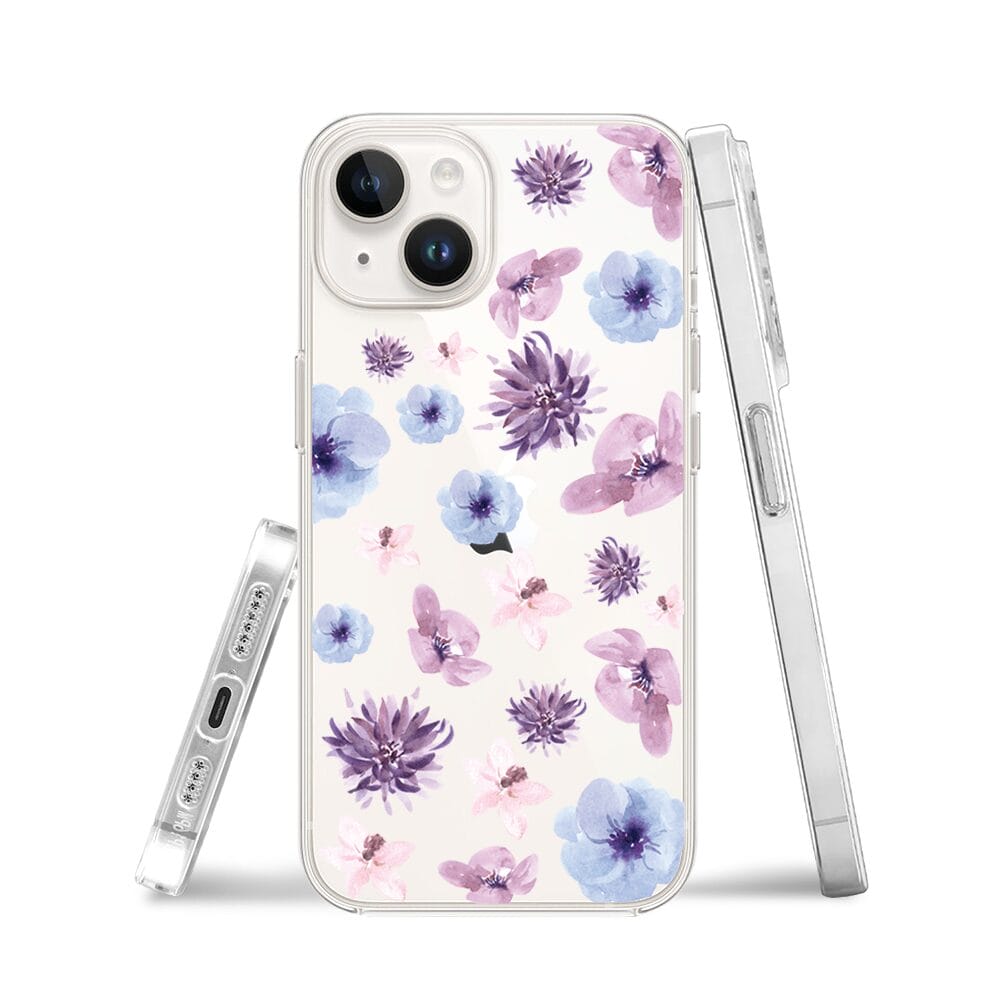 Etui do iPhone 14 Plus przeźroczyste, silikonowe Flexi, kwiatki niebieskie, fioletowe - obrazek 3