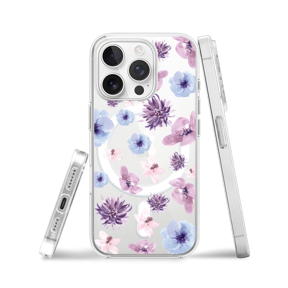 Etui do iPhone 14 Pro Max z MagSafe przeźroczyste, silikonowe Flexi, kwiatki niebieskie, fioletowe - obrazek 3