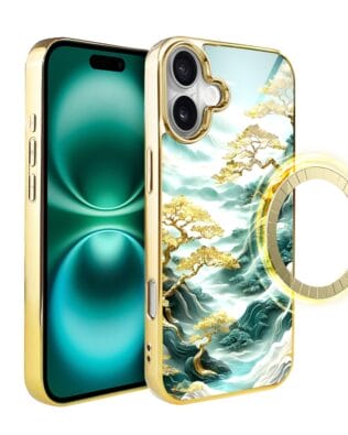 Etui do iPhone 16 IBIZU Elite Glass z MagSafe złote drzewa w stylu japońskim, złote