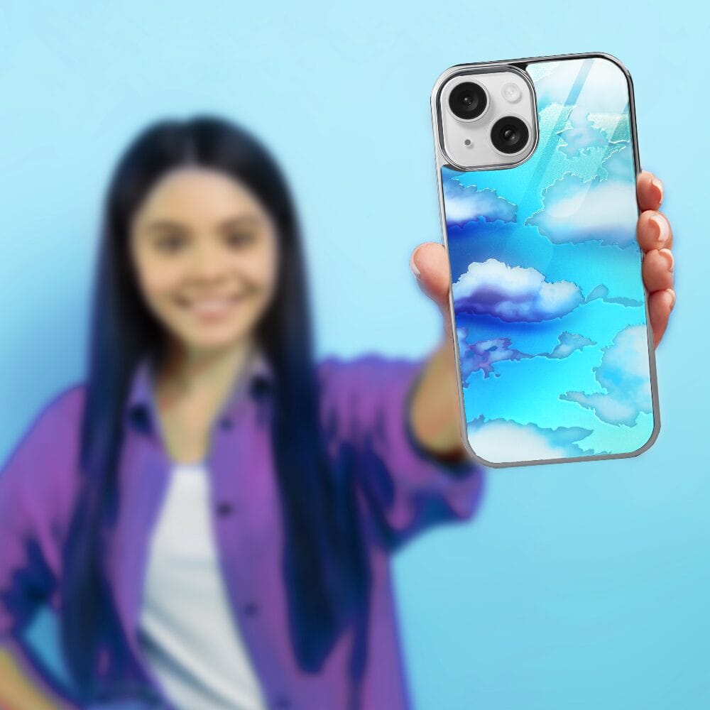 Etui do iPhone 13 IBIZU Elite Glass, szklany tył, chmurki, srebrne - obrazek 3