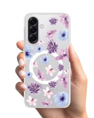 Etui do Samsung Galaxy A56 5G z MagSafe przeźroczyste, silikonowe Flexi, kwiatki niebieskie, fioletowe