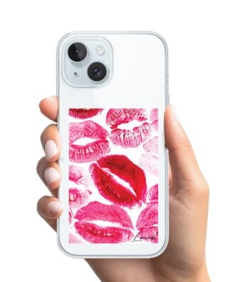 Etui do iPhone 15 Plus przeźroczyste, silikonowe Flexi, pocałunki z napisem „love”