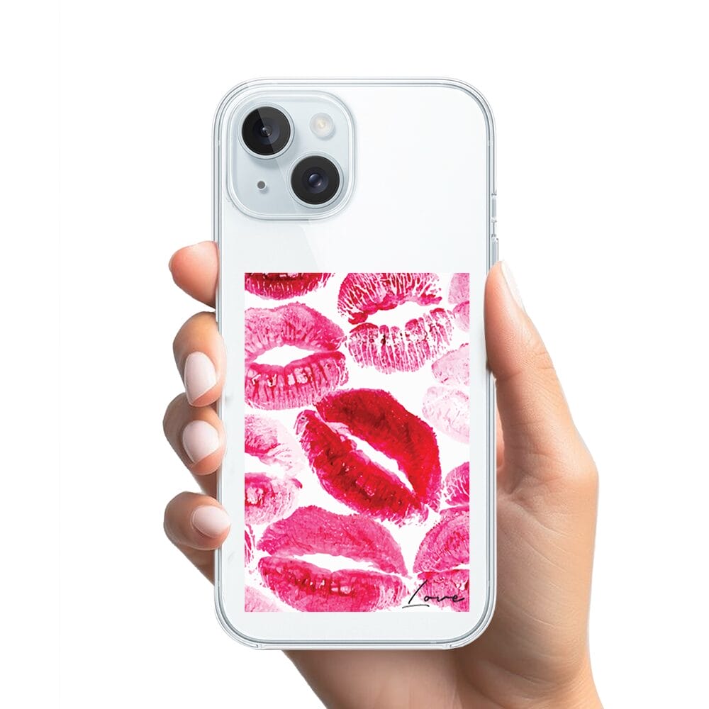 Etui do iPhone 15 Plus przeźroczyste, silikonowe Flexi, pocałunki z napisem "love" - obrazek 2