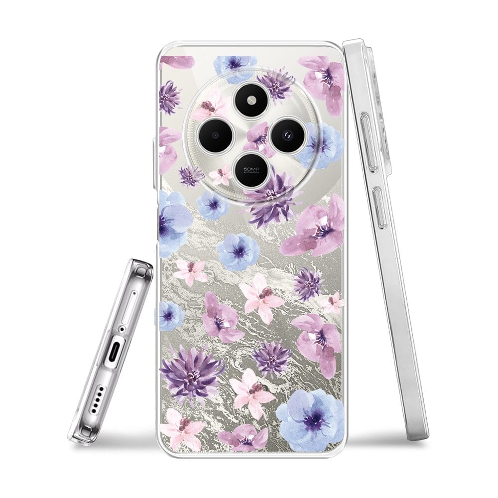 Etui do Xiaomi POCO C75 przeźroczyste, silikonowe Flexi, kwiatki niebieskie, fioletowe - obrazek 3