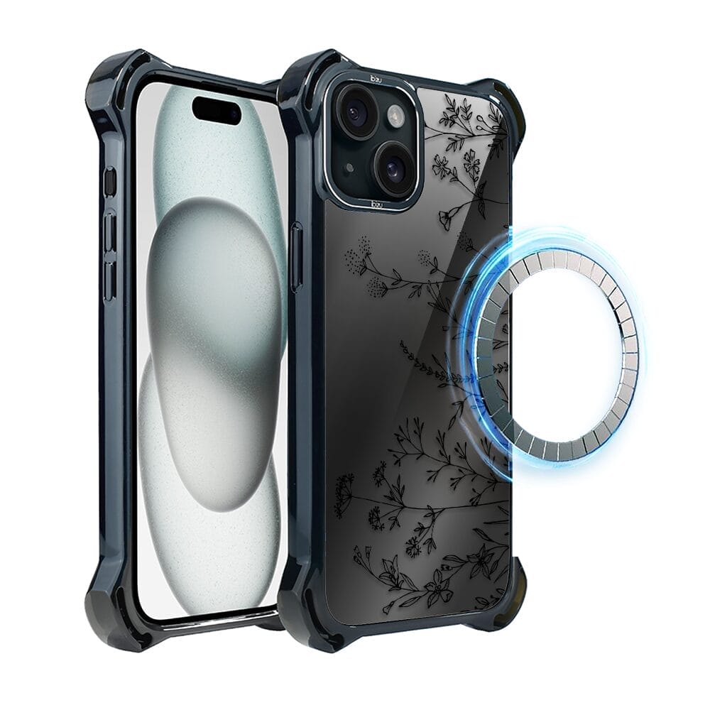 Etui do iPhone 15 IBIZU DropGuard Ultra z MagSafe, Midnight, Dotyk kwiatów