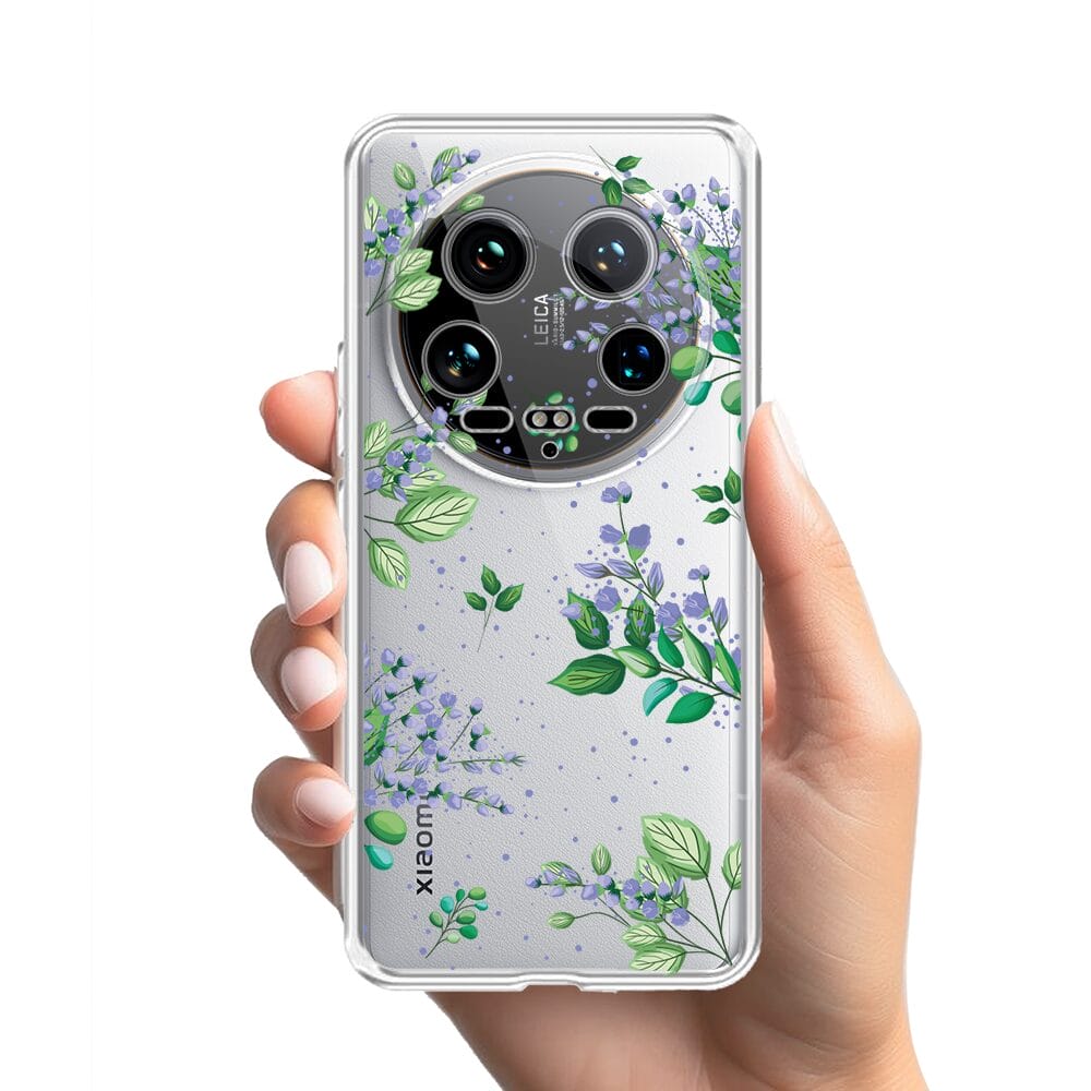 Etui do Xiaomi 14 Ultra przeźroczyste, silikonowe Flexi, fioletowe kwiatki - obrazek 2