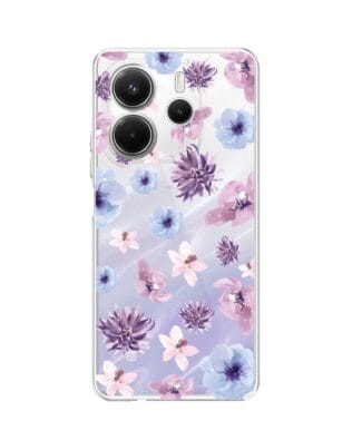 Etui do Xiaomi Redmi Note 14 5G przeźroczyste, silikonowe Flexi, kwiatki niebieskie, fioletowe