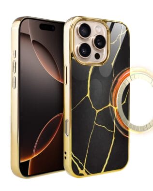 Etui do iPhone 16 Pro Max IBIZU Elite Glass z MagSafe, Kintsugi, czarna porcelana, złote