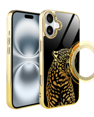 Etui do iPhone 16 IBIZU Elite Glass z MagSafe Golden Midnight, Ryczący Jaguar, złote