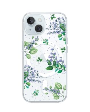 Etui do iPhone 15 Plus z MagSafe przeźroczyste, silikonowe Flexi, fioletowe kwiatki