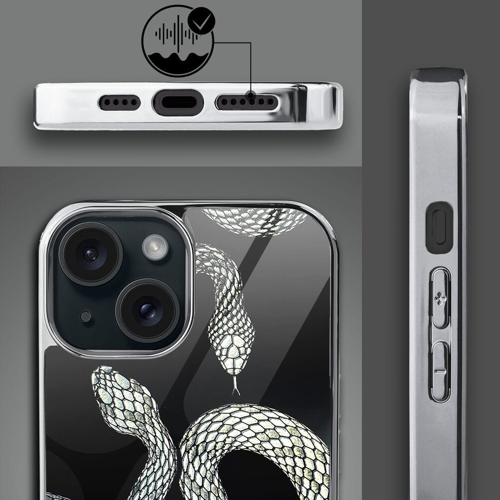 Etui do iPhone 14 IBIZU Elite Glass, szklany tył, węże ze srebrem, srebrne - obrazek 5
