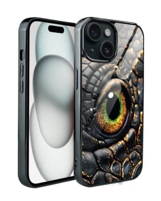 Etui do iPhone 15 IBIZU Elite Glass, szklany tył, Magia Azji amber dragon, czarny chrom
