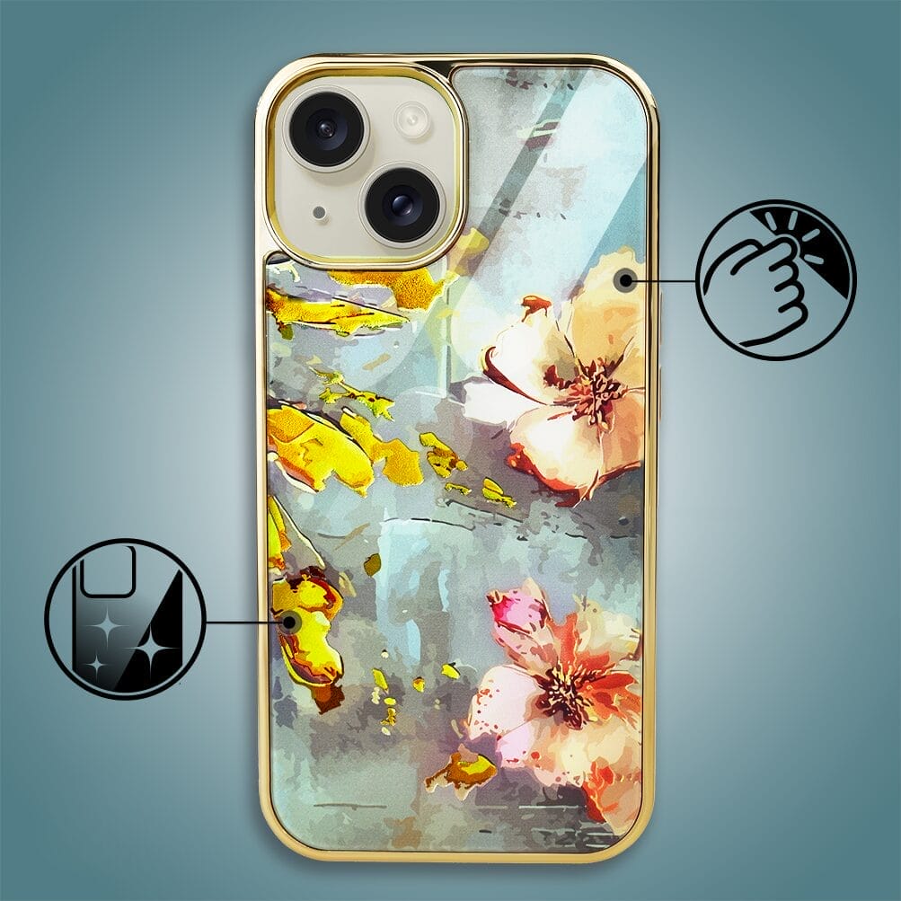 Etui do iPhone 14 IBIZU Elite Glass, szklany tył, kwiaty ze złotem, złote - obrazek 2