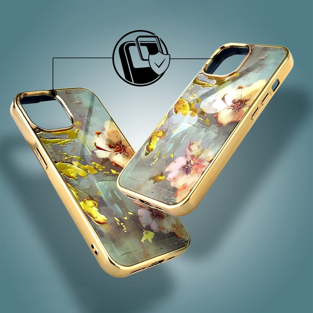 Etui do iPhone 14 IBIZU Elite Glass, szklany tył, kwiaty ze złotem, złote - obrazek 3