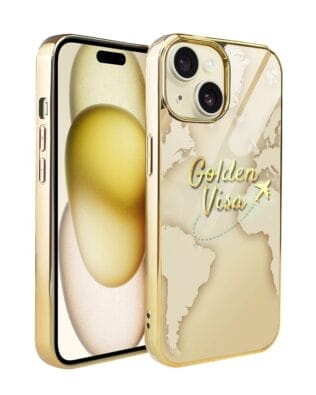 Etui do iPhone 15 IBIZU Elite Glass 3D, szklany tył, złota mapa świata z napisem Golden Visa, złote