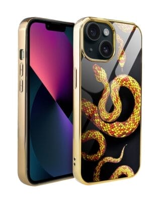 Etui do iPhone 13 IBIZU Elite Glass, szklany tył, węże ze złotem, złote