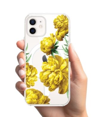 Etui do iPhone 12 z MagSafe przeźroczyste, silikonowe Flexi, żółte piwonie