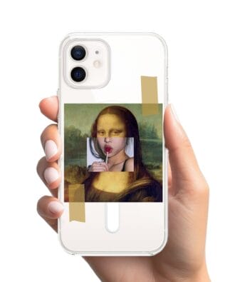 Etui do iPhone 12 Mini z MagSafe przeźroczyste, silikonowe Flexi, Mona Lisa z lizakiem