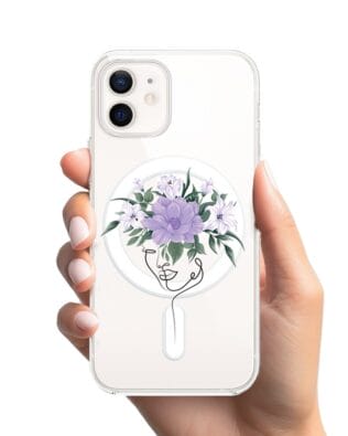 Etui do iPhone 12 z MagSafe przeźroczyste, silikonowe Flexi, kobieta z kwiatami