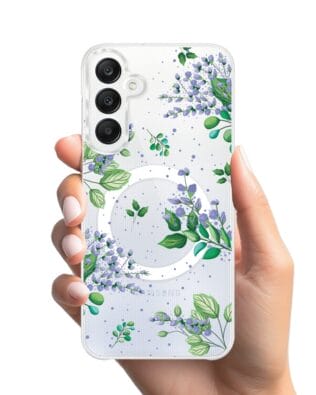 Etui do Samsung Galaxy A25 5G z MagSafe przeźroczyste, silikonowe Flexi, fioletowe kwiatki