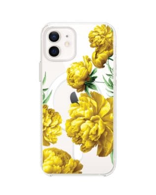 Etui do iPhone 12 z MagSafe przeźroczyste, silikonowe Flexi, żółte piwonie
