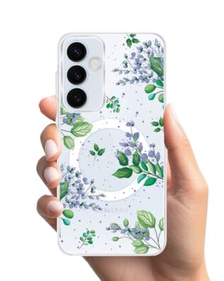 Etui do Samsung Galaxy A35 5G z MagSafe przeźroczyste, silikonowe Flexi, fioletowe kwiatki