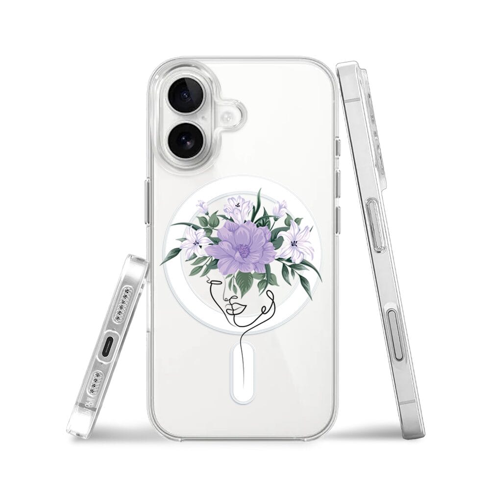 Etui do iPhone 16 Plus z MagSafe przeźroczyste, silikonowe Flexi, kobieta z kwiatami