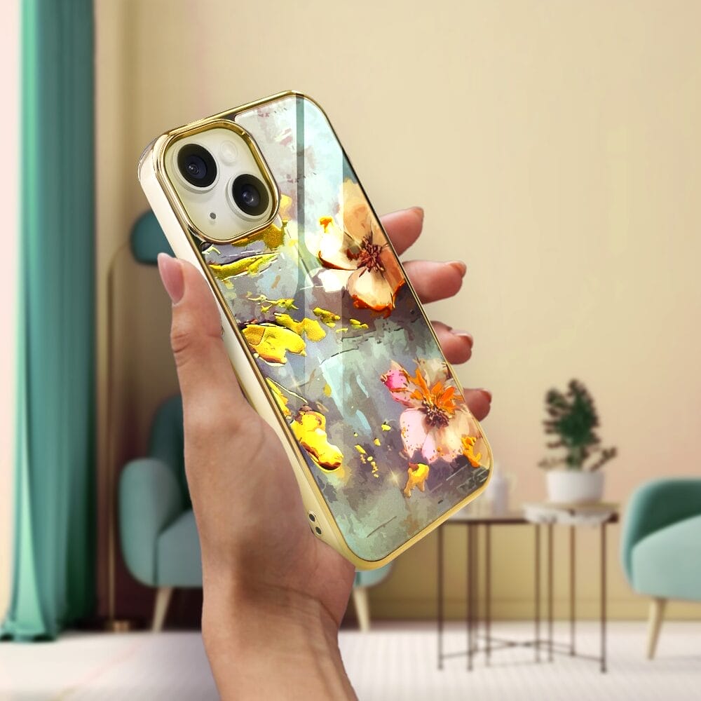 Etui do iPhone 14 IBIZU Elite Glass, szklany tył, kwiaty ze złotem, złote - obrazek 4