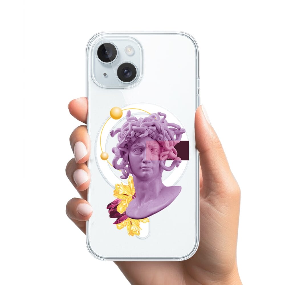 Etui do iPhone 15 Plus z MagSafe przeźroczyste, silikonowe Flexi, antyczna figura, meduza - obrazek 2