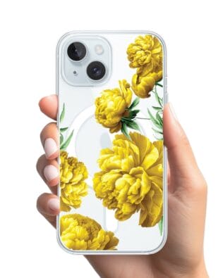 Etui do iPhone 15 Plus z MagSafe przeźroczyste, silikonowe Flexi, żółte piwonie