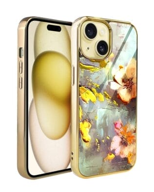 Etui do iPhone 15 IBIZU Elite Glass, szklany tył, kwiaty ze złotem, złote