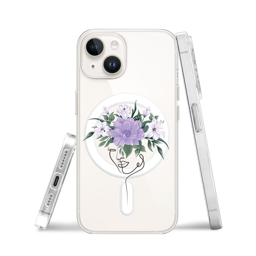 Etui do iPhone 13 Mini z MagSafe przeźroczyste, silikonowe Flexi, kobieta z kwiatami - obrazek 3