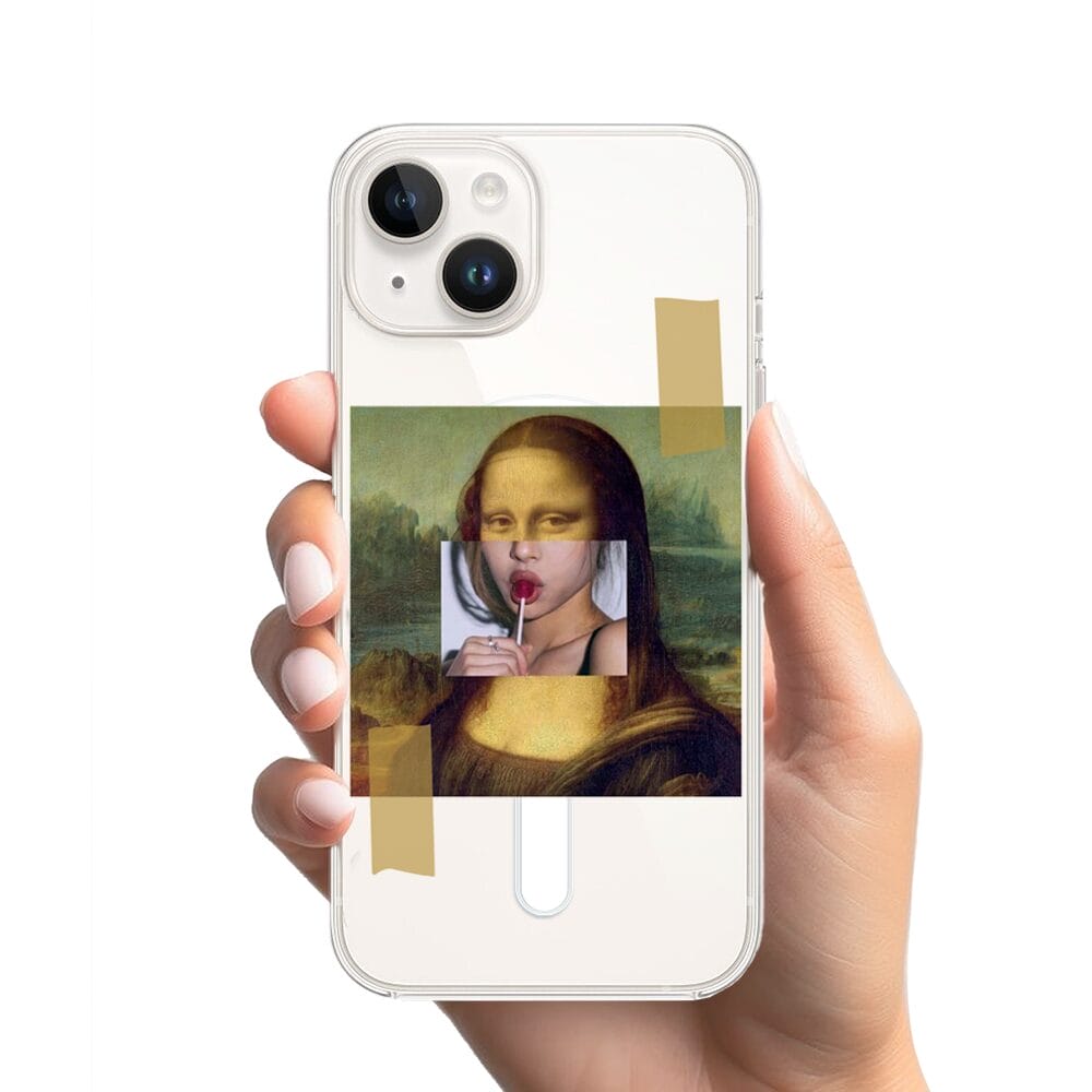 Etui do iPhone 14 z MagSafe przeźroczyste, silikonowe Flexi, Mona Lisa z lizakiem - obrazek 2