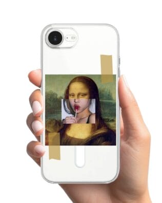 Etui do iPhone 16e z MagSafe przeźroczyste, silikonowe Flexi, Mona Lisa z lizakiem