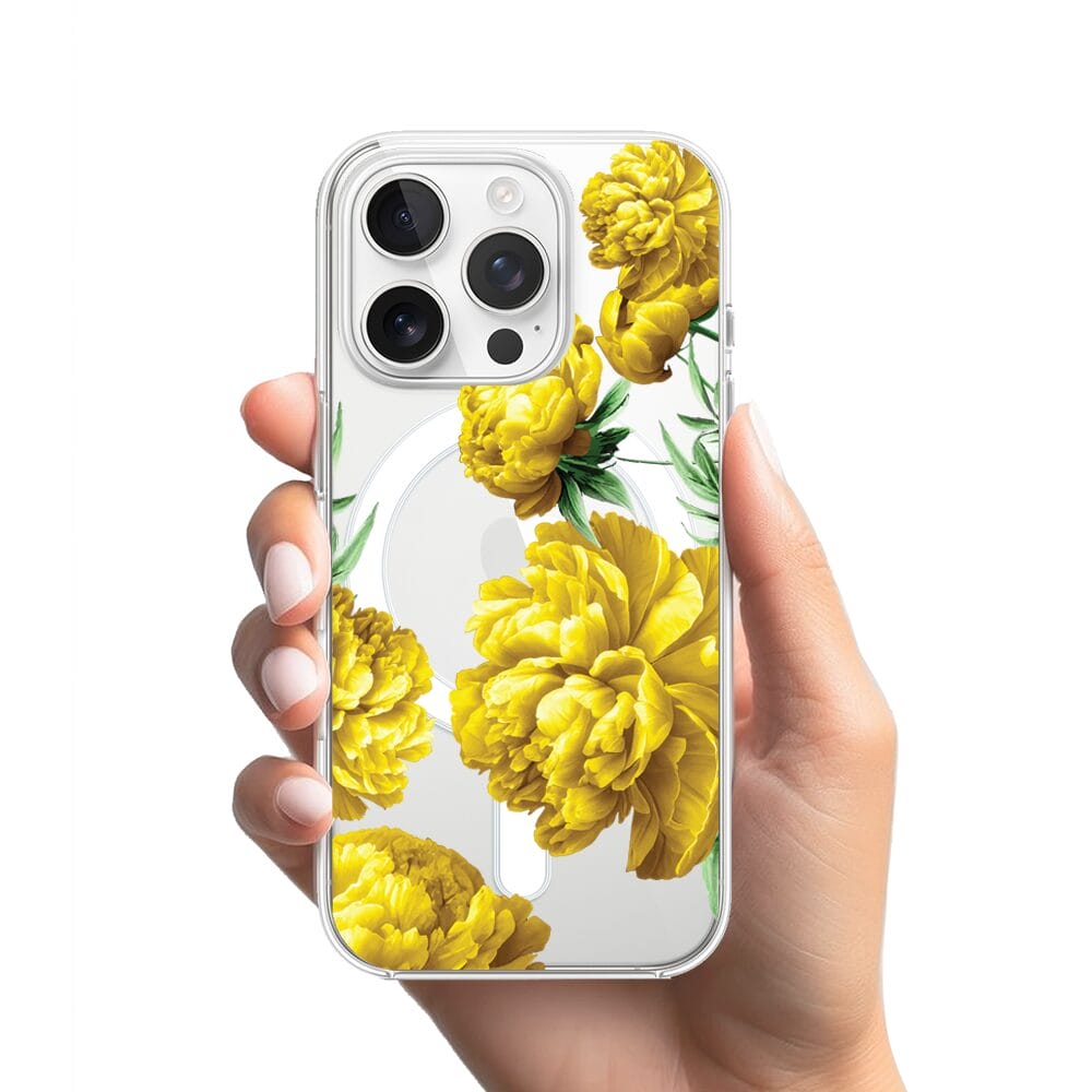 Etui do iPhone 13 Pro Max z MagSafe przeźroczyste, silikonowe Flexi, żółte piwonie - obrazek 2