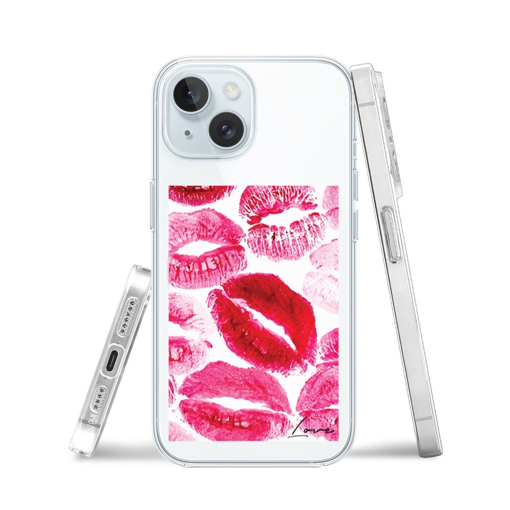 Etui do iPhone 15 Plus z MagSafe przeźroczyste, silikonowe Flexi, pocałunki z napisem "love" - obrazek 3