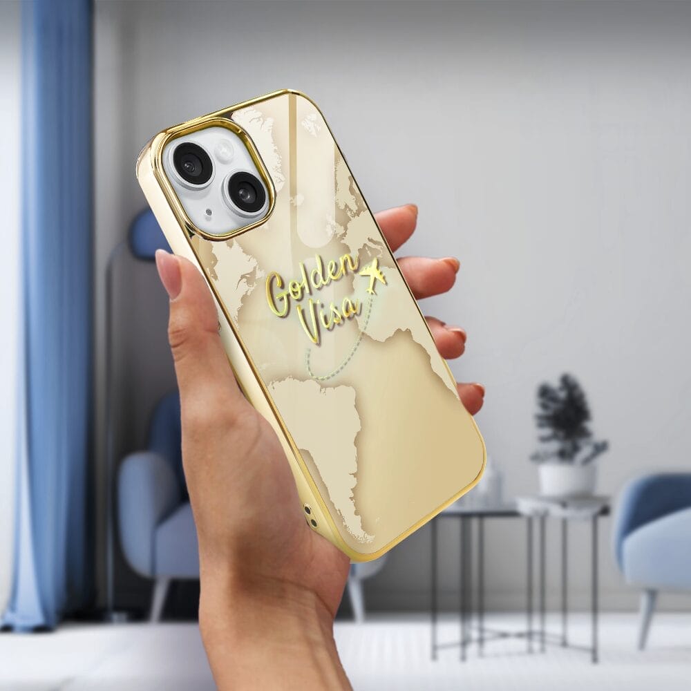 Etui do iPhone 14 IBIZU Elite Glass 3D, szklany tył, złota mapa świata z napisem Golden Visa, złote - obrazek 4